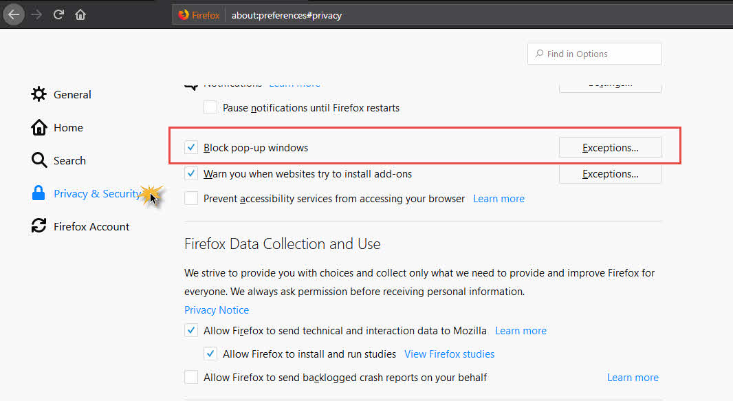 how to add exceptions to pop up blocker in firefox